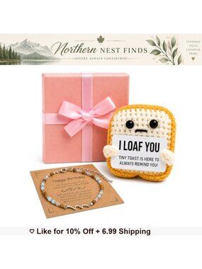 Hand Crocheted Toast Plush & Natural Stone Bracelet Gift Set Adjustable